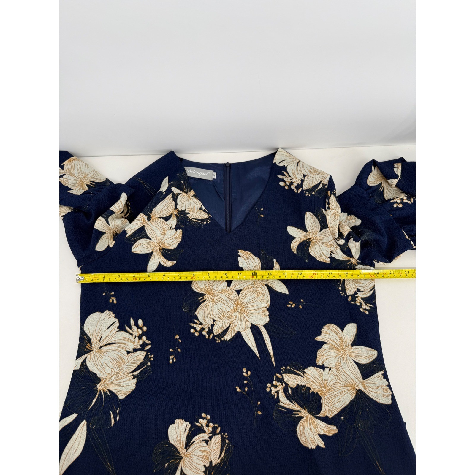 Belongsci Womens Navy Blue Floral V-Neck Bell Sleeve Shift Dress Sz M