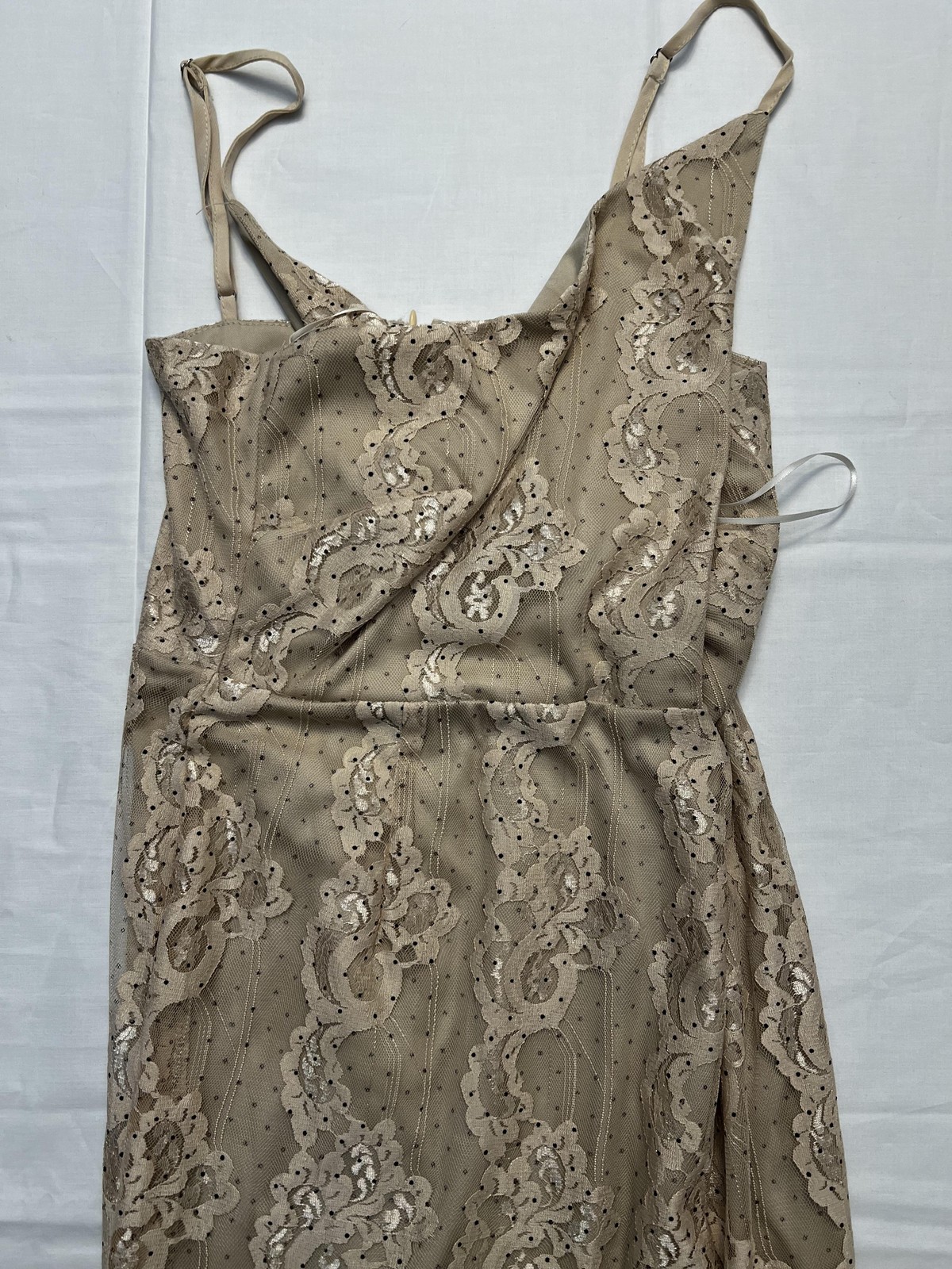NSR Dress Womens Small Nude Beige Lace Sequin Mesh Overlay Formal Maxi Gown