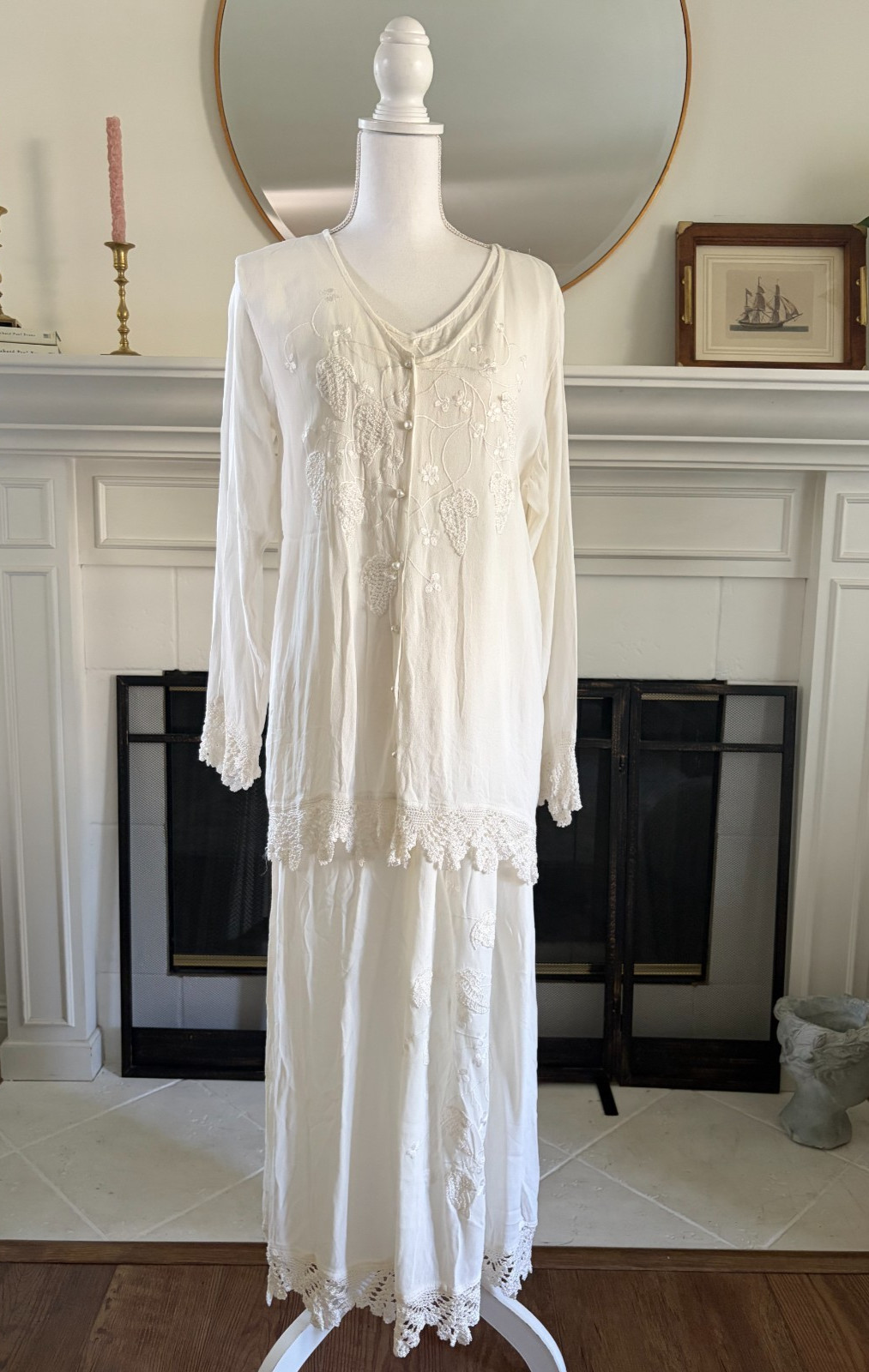 VTG Y2K 90’s Skirt, Camisole Blouse White Papillon Fairy Lace Sz L Embroidered