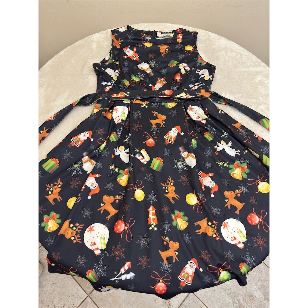 OUGES Dress Womens XL Black Christmas Santa Reindeer Fit & Flare Knee NEW!