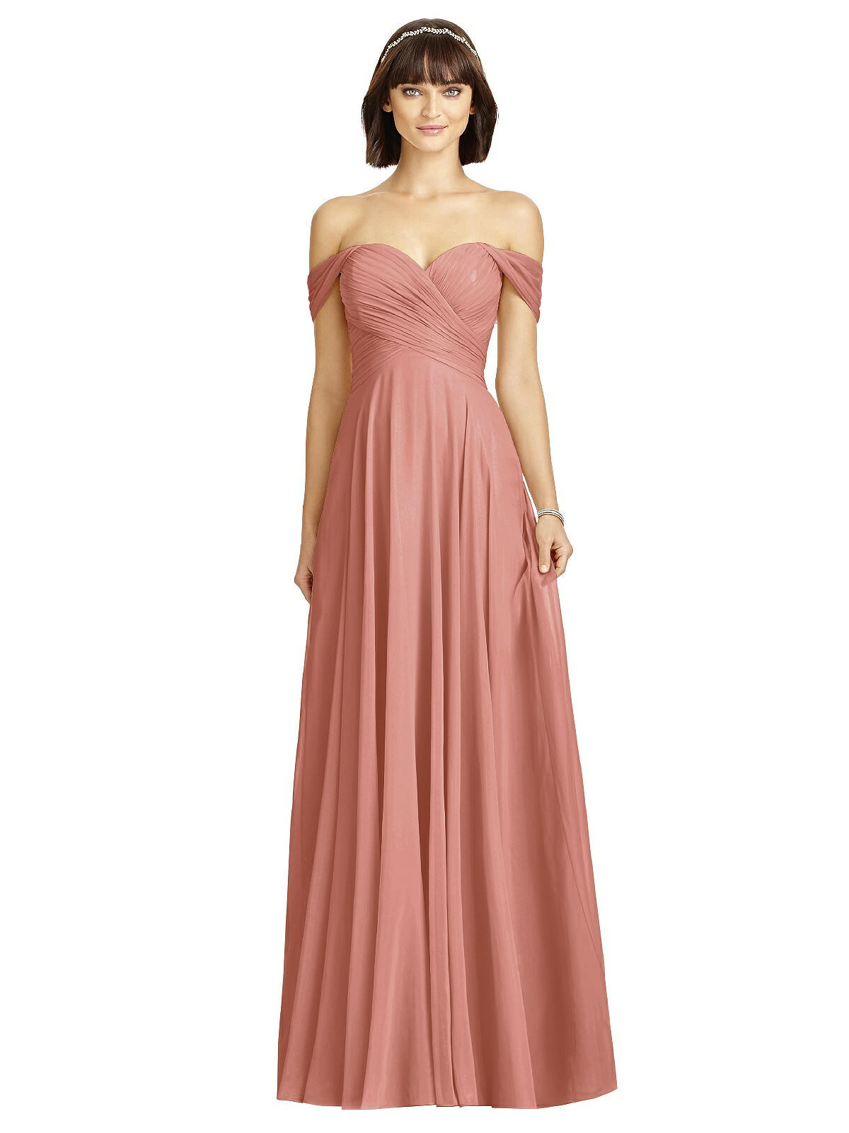 Dessy 2970….Off-the-Shoulder Draped Chiffon Maxi Dress…Desert Rose…Sz 6