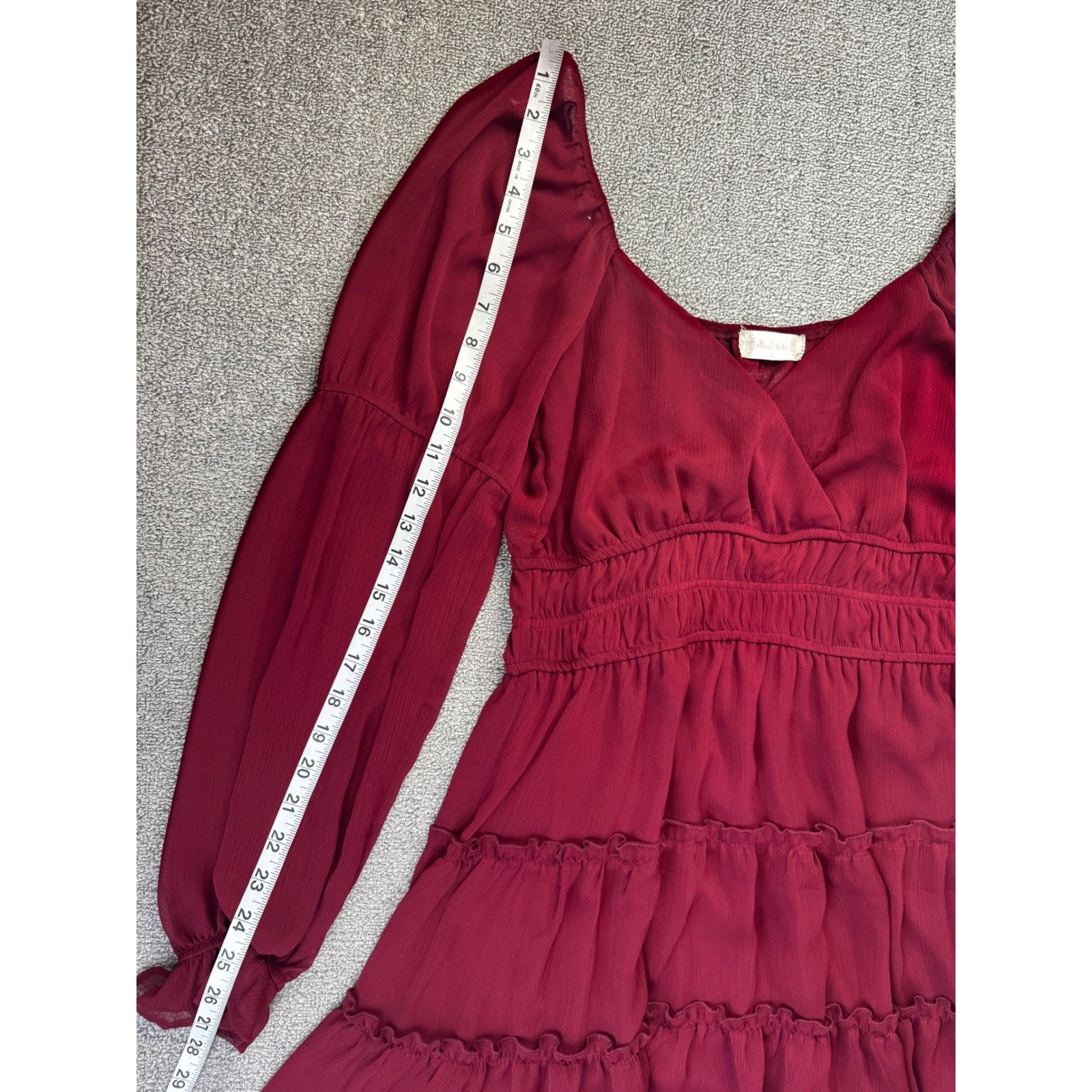 Altar’d State Dress Large Burgundy Smocked Tiered Mini Sheer Long Sleeve