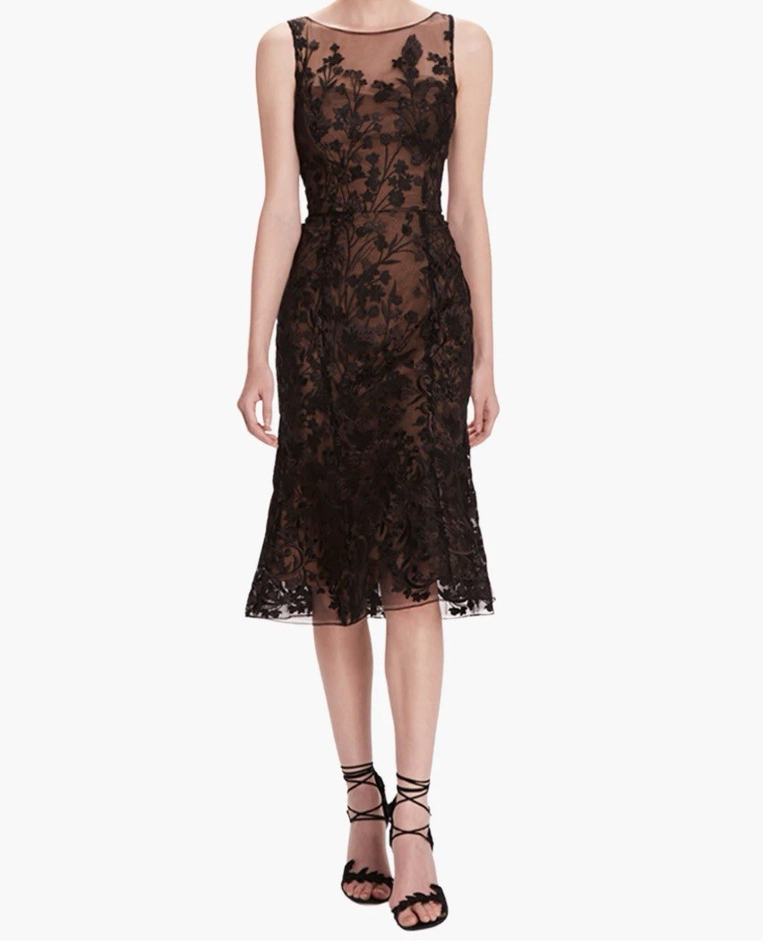 Marchesa Notte Black Floral Lace Mesh Sheath Midi Dress Sleeveless 4