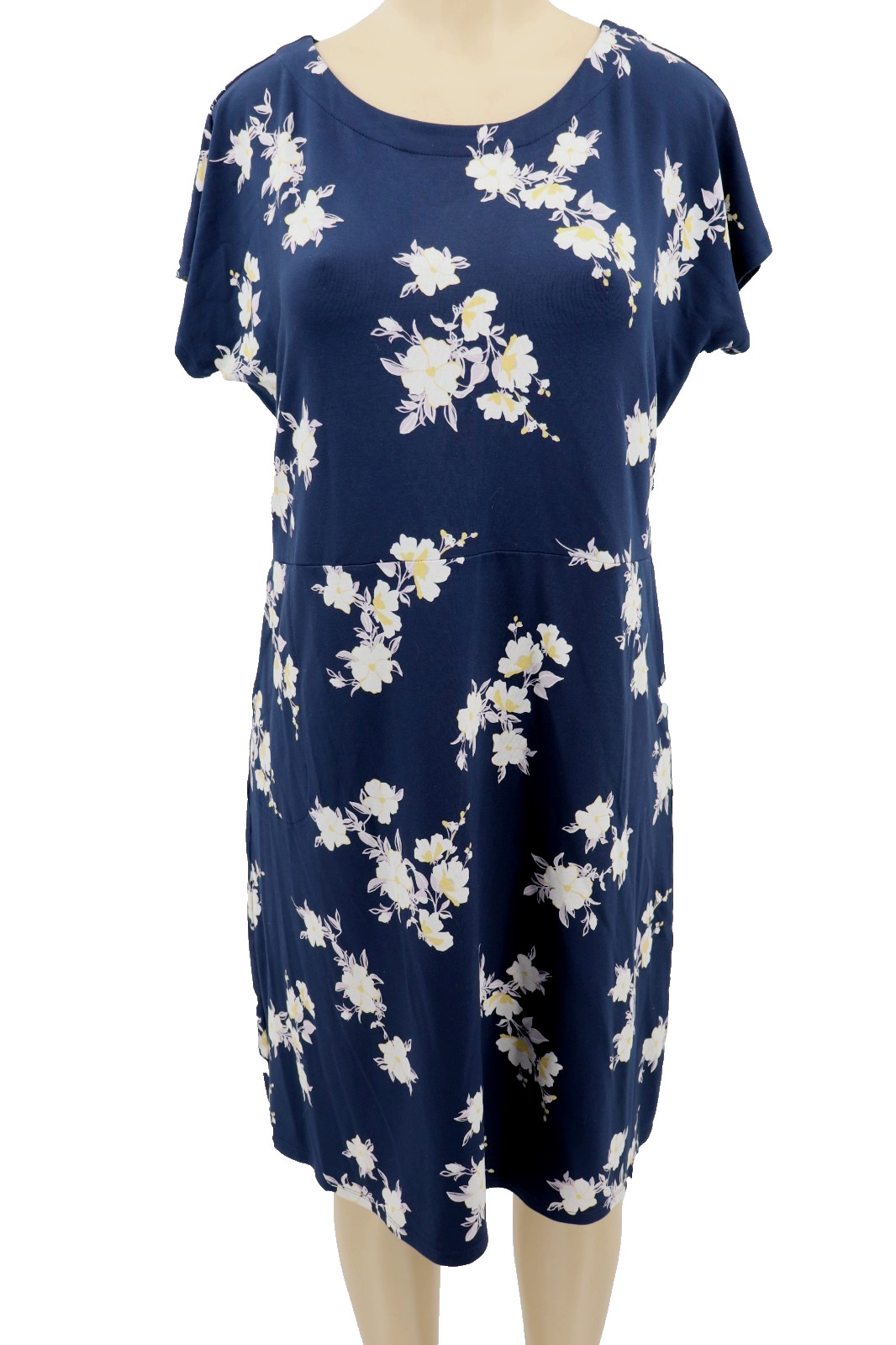 J Jill Wearever Dress Womens Large Navy Floral Short Sleeve Pockets Basic Casual