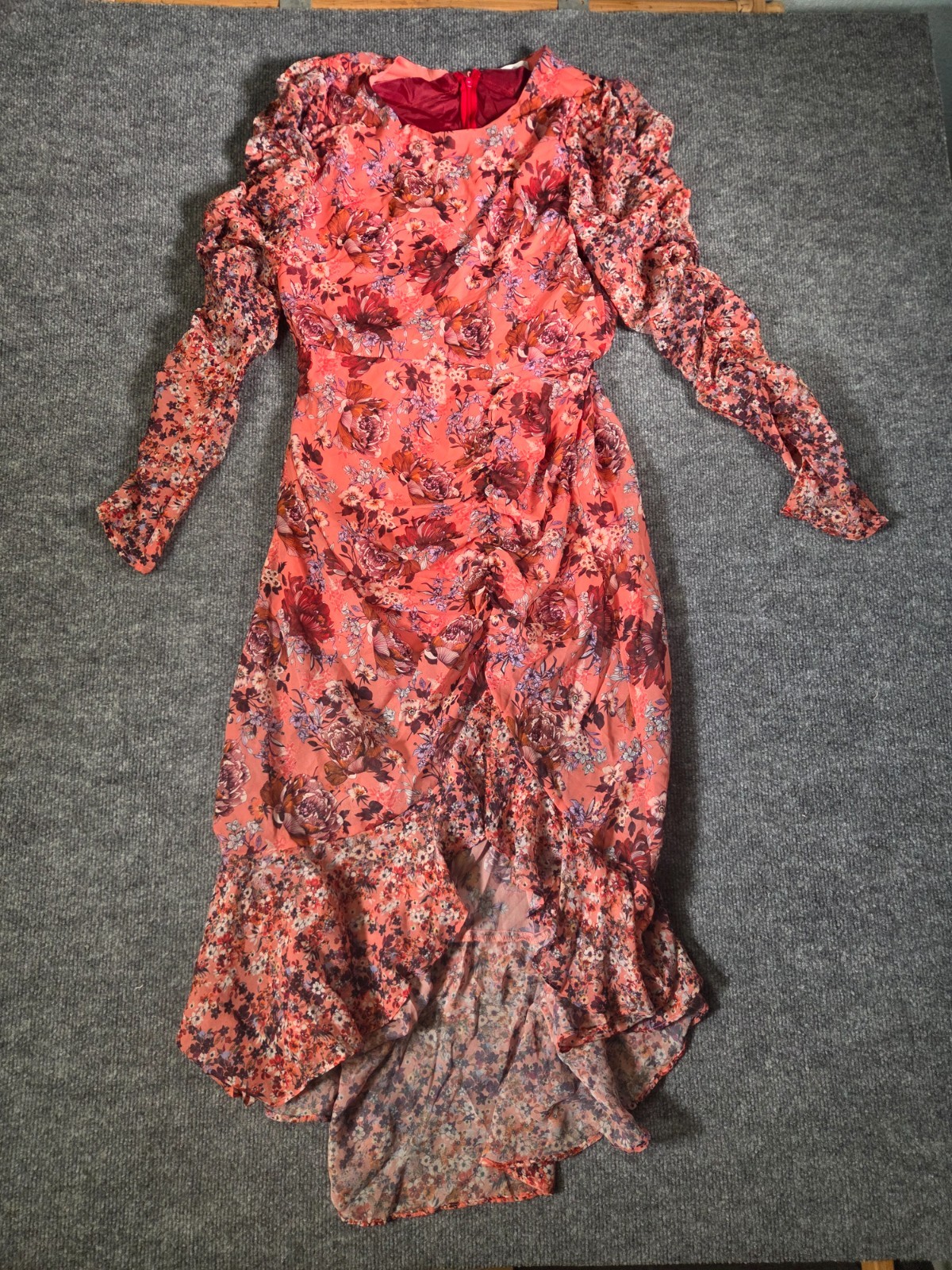 NSR Womens Floral High Low Maxi Dress Sz L Peach Ruched 100% Polyester Dress