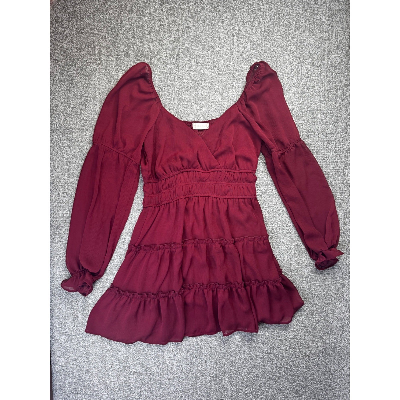 Altar’d State Dress Large Burgundy Smocked Tiered Mini Sheer Long Sleeve