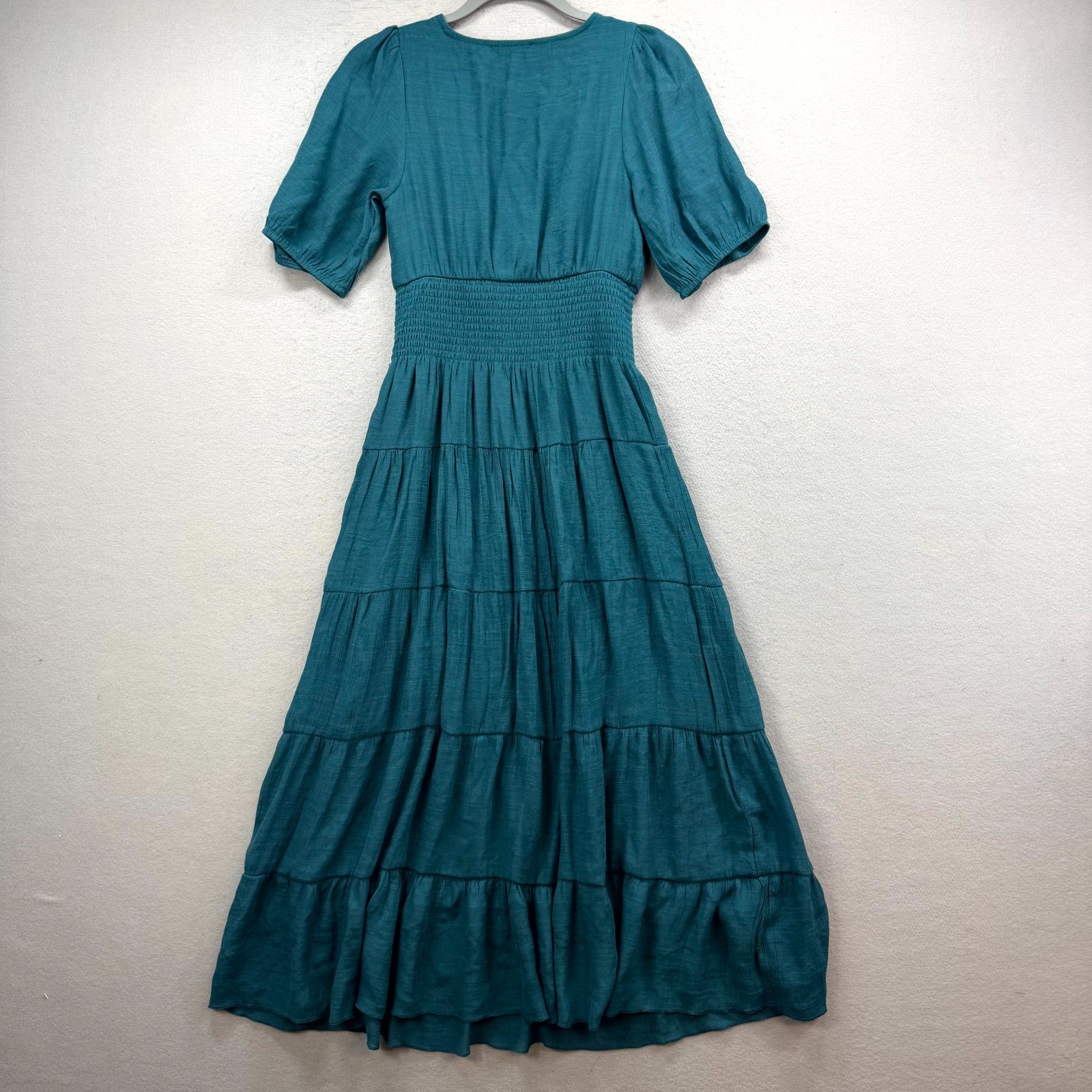 J Gee Tiered Maxi Dress Womens Small Teal Ruffle Shirred Bodice Lace Detail Neck