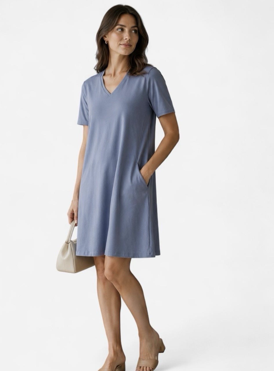 Eileen Fisher Chambray V-neck Basic Tee Dress Stretch Organic Cotton Size XS/TP