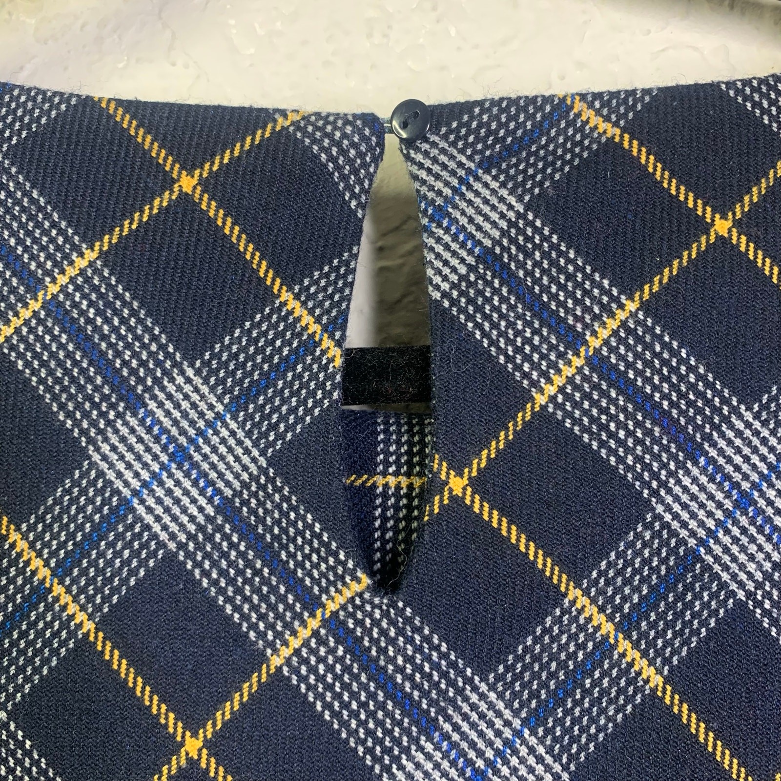 LAURA ASHLEY Dress 8 Shift Plaid Navy Checked Wool Front Pockets Keyhole Closure
