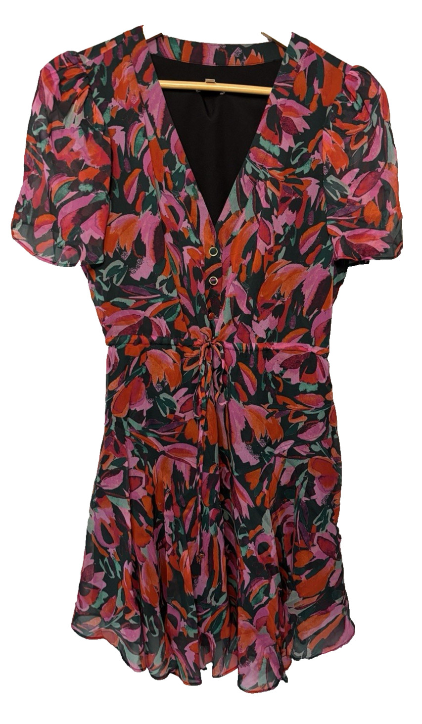 Milly Floral-Print Mini Dress Size 4 V Neck Drawstring Waist