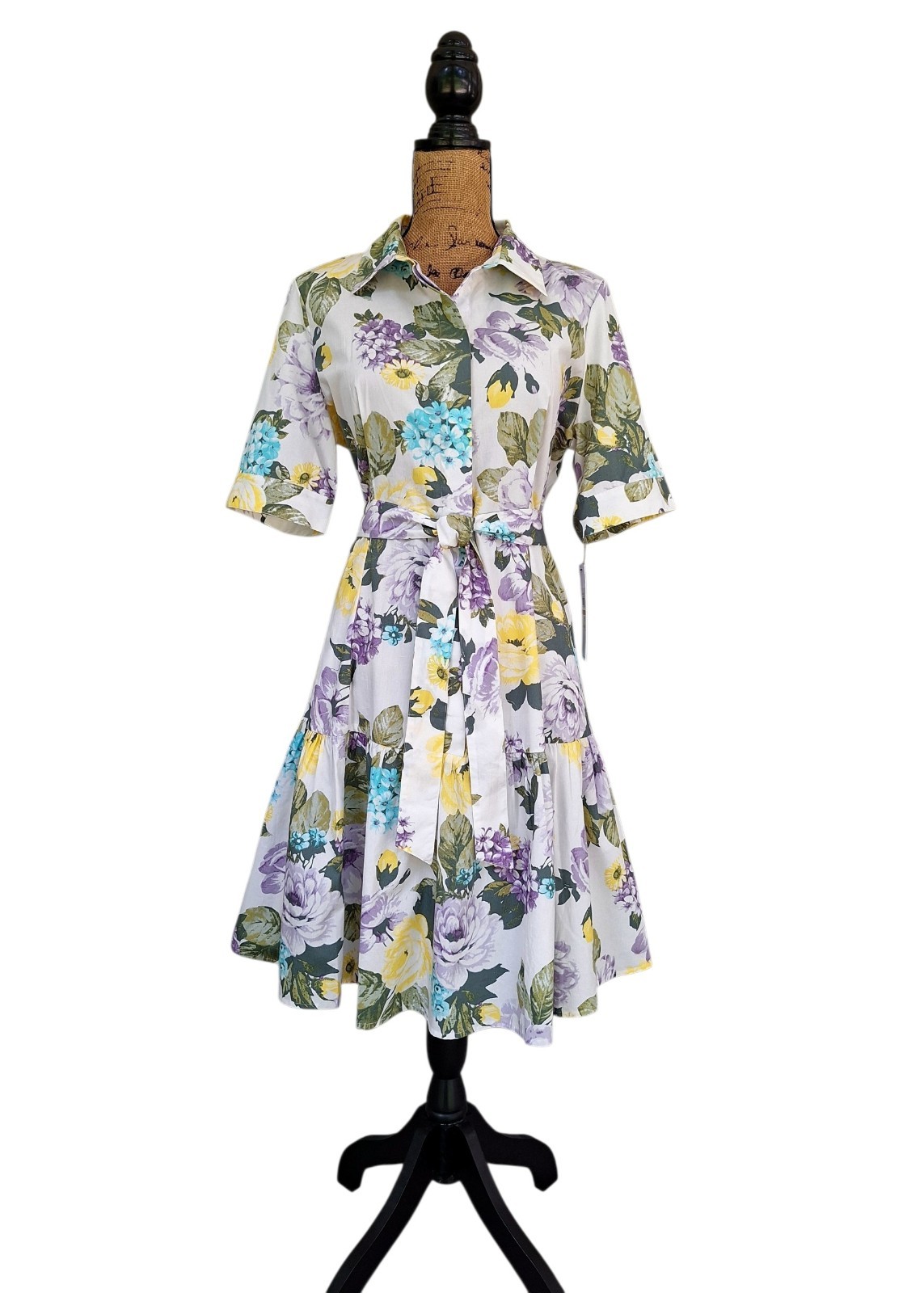 Calvin Klein Women’s Shirt Dress 12 White Floral Belted Pockets Short Sleeves