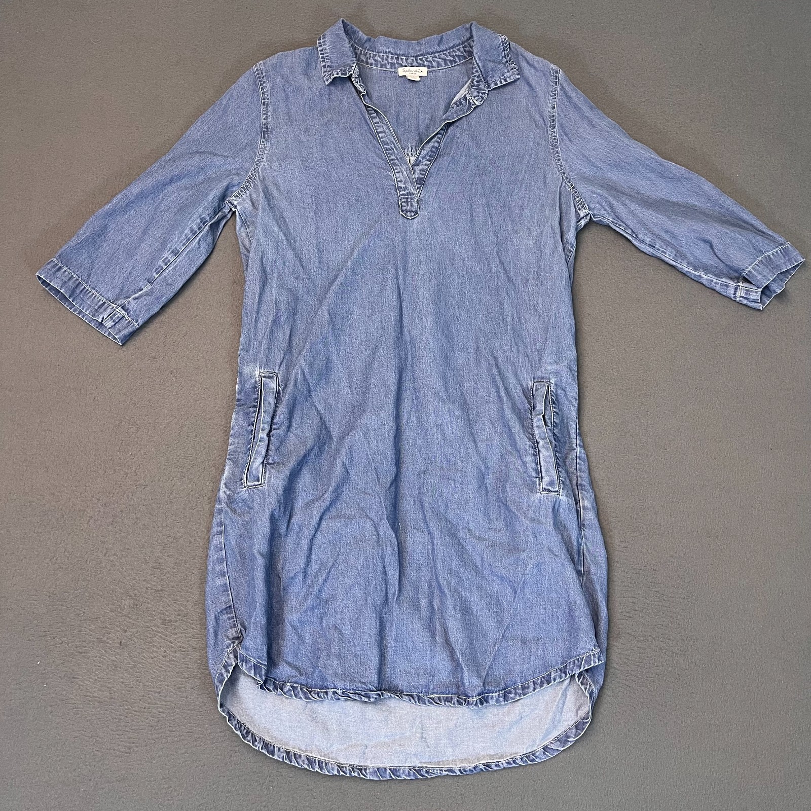 Splendid Womens Lg Denim Shirt Dress 1/2 Sleeve Pockets High Low Collar Lyocell