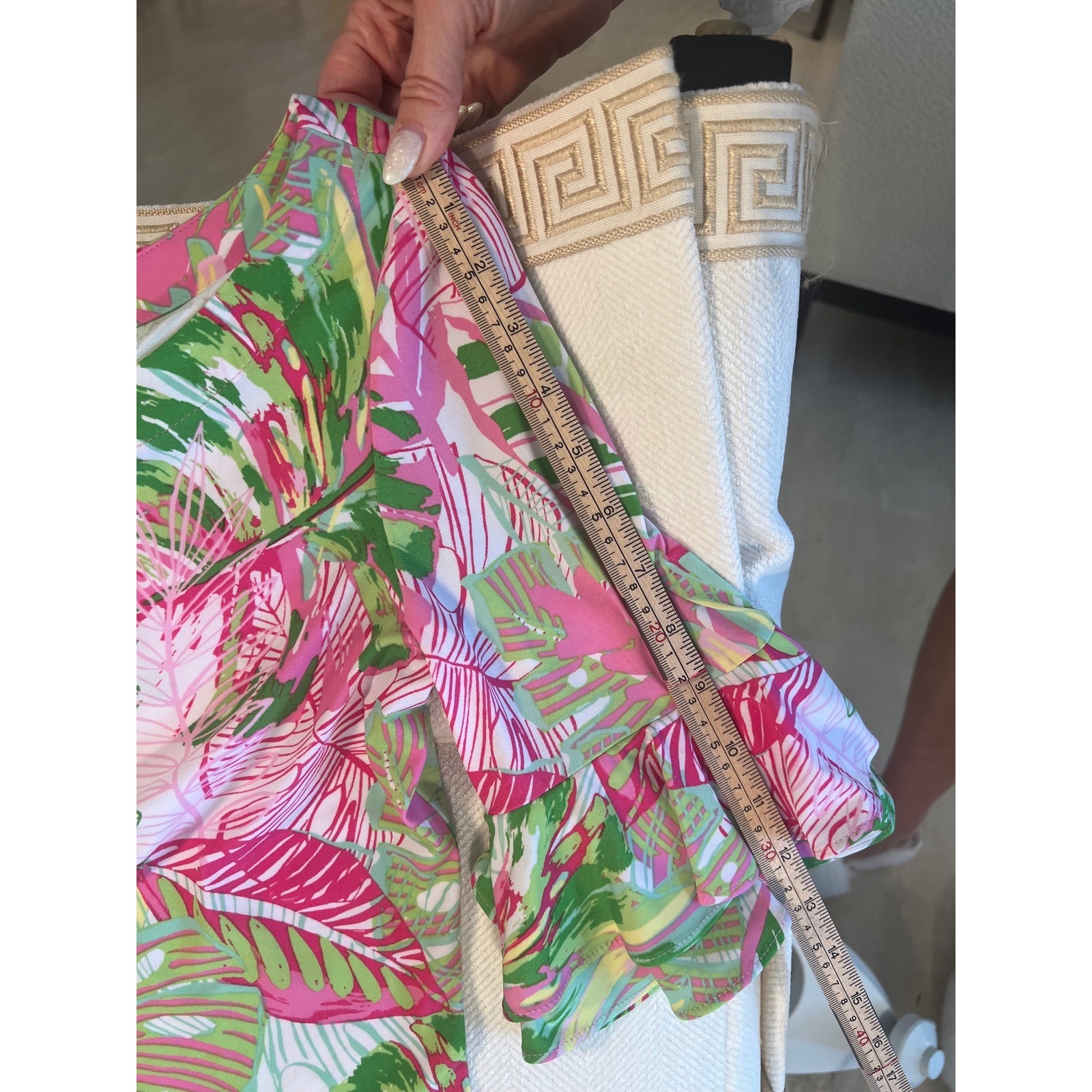 Pappagallo Pink Green Tropical Palm Leaf Ruffle Sleeve Shift Dress Knee Length