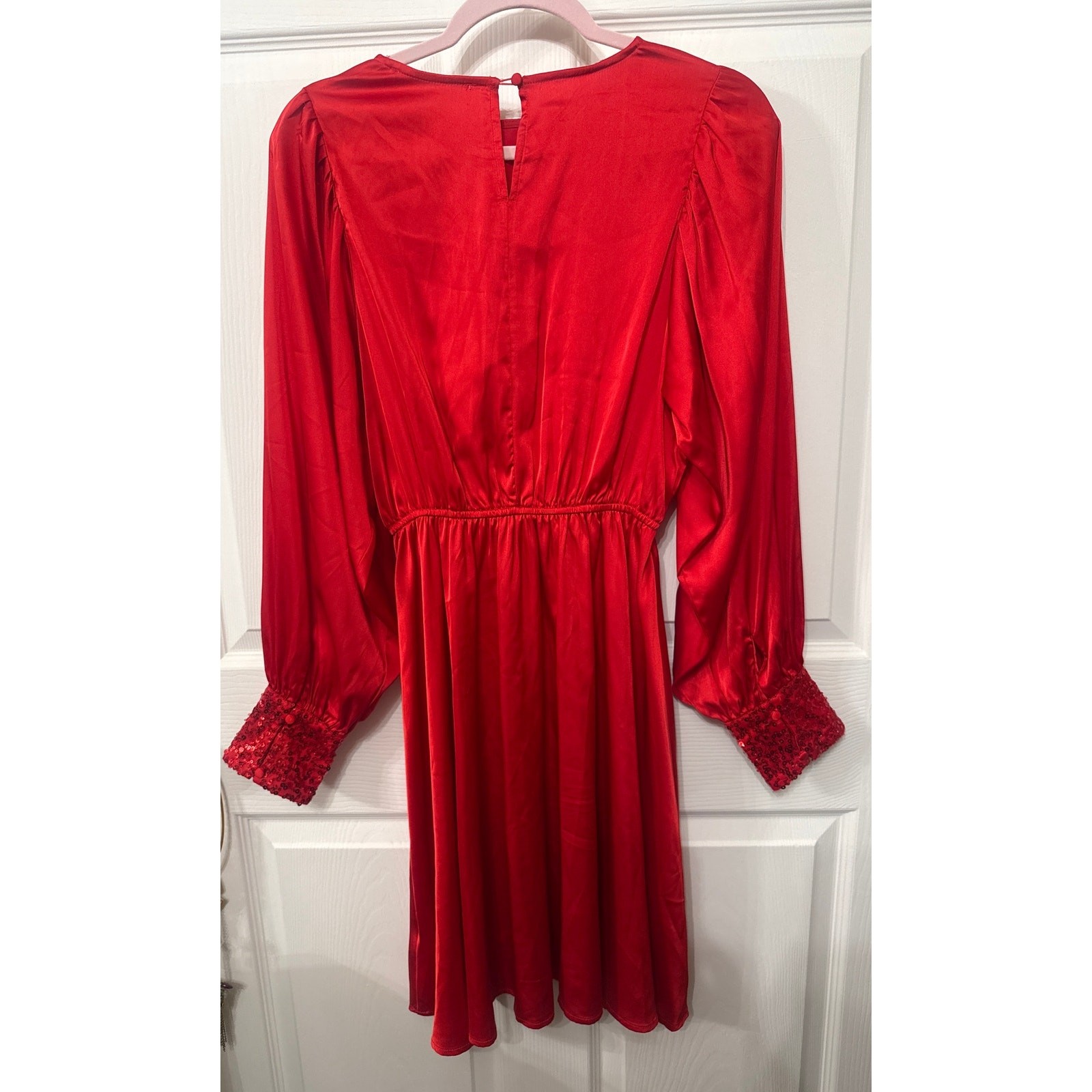 Vine & Love Red Iva Satin Dress with Long Sleeve Sequin Cuffs, S