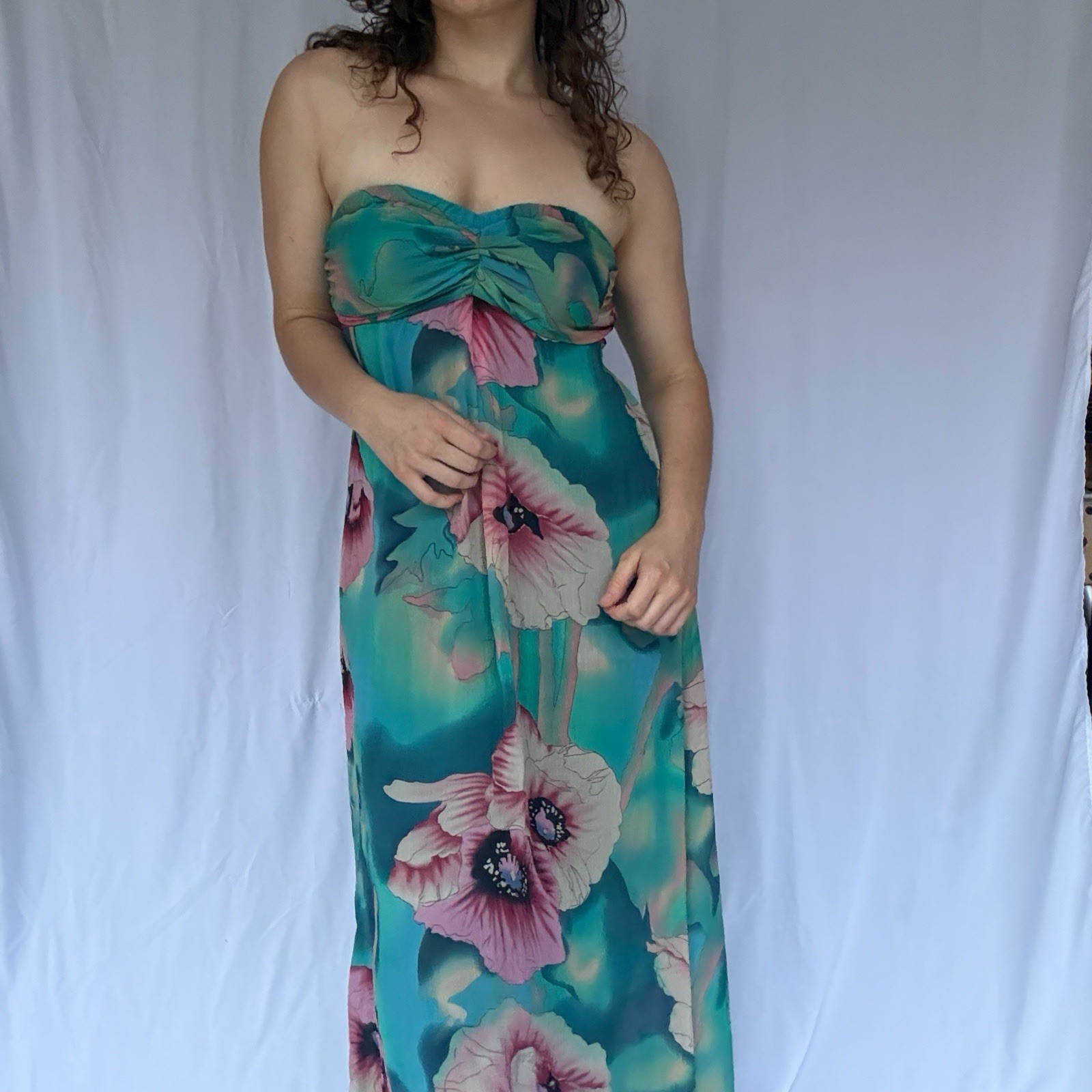 Xhilaration Women’s Strapless Smocked Floral Maxi Dress Green Pink Size L