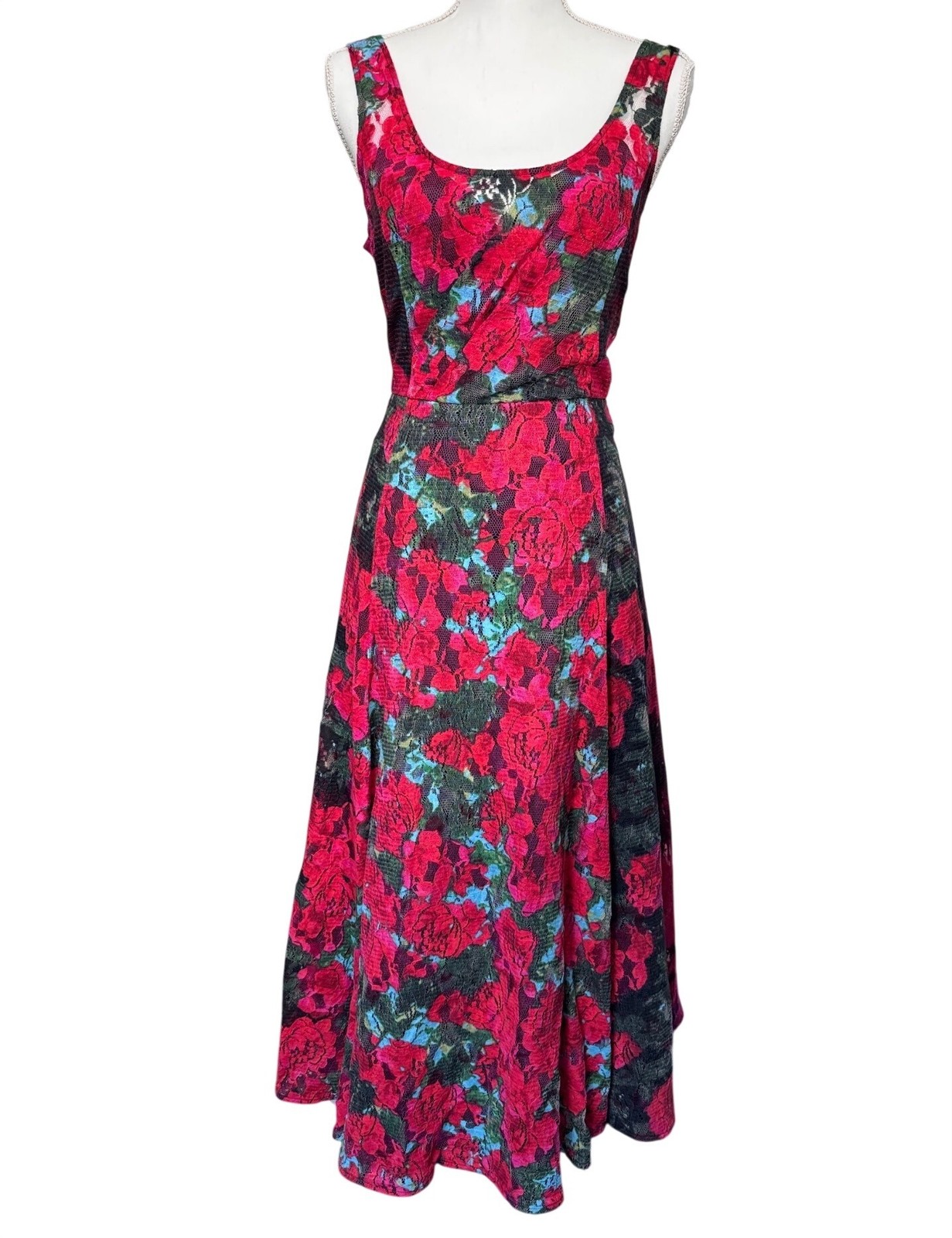 Anthropologie Deconstructed Frock Dress 12 Red Rose Motif Lace Overlay Dinner