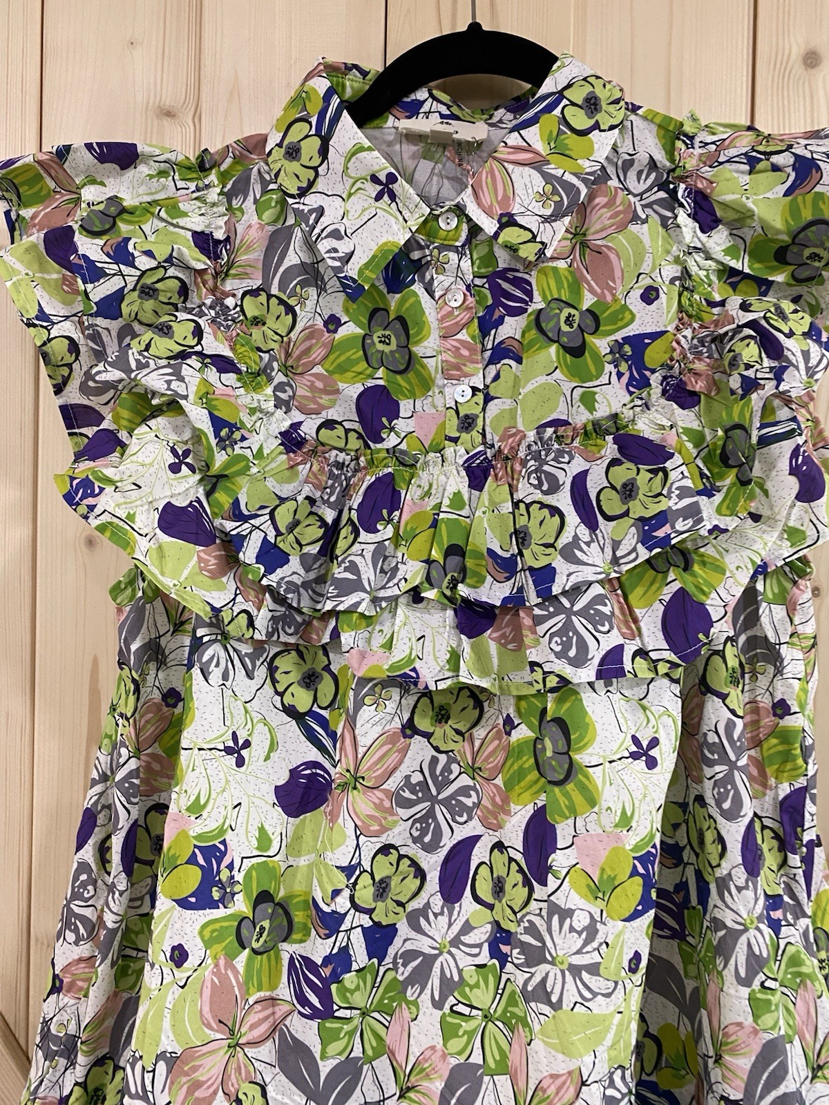 Entro L White/Green/Purple/Pink Floral Woven Collared Flutter A-Line Dress Lined