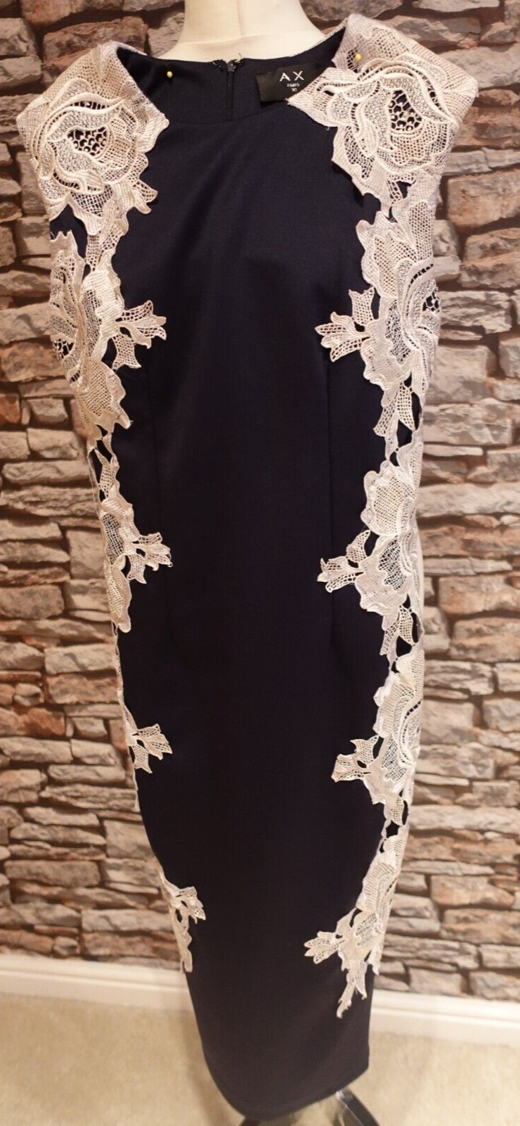 AX Paris Stunning Navy & White/Cream Floral/Plain Dress Lined Stretch Size 10