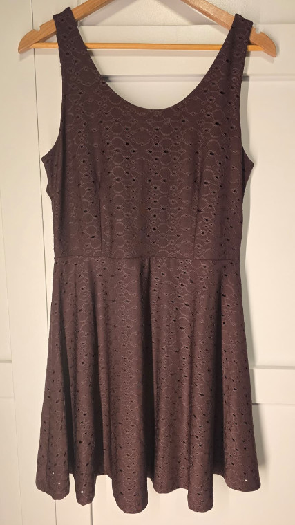 LOFT Womens Medium Brown Eyelet Fit Flare Dress Sleeveless Bow Cutout Lined
