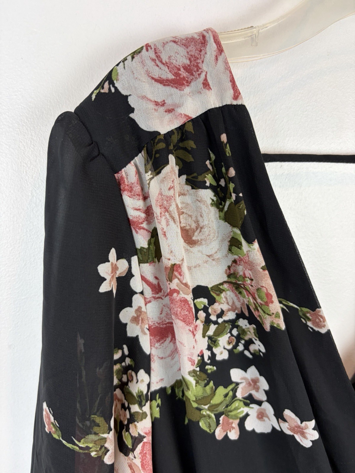 Romantic Maxi Dress Womens Medium Black Floral V Neck Wrap Style Evening Sheer