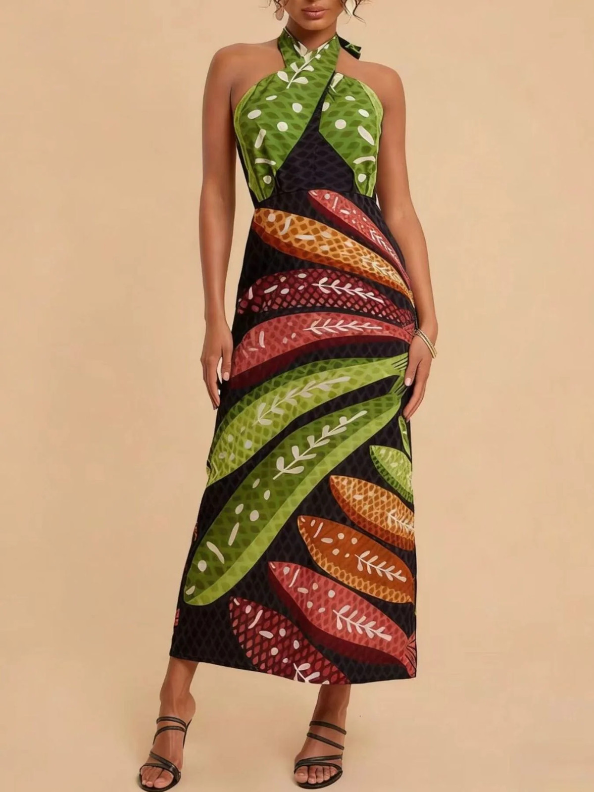 Tropical Leaf Print Halter Midi Dress Resort Vacation Elegance