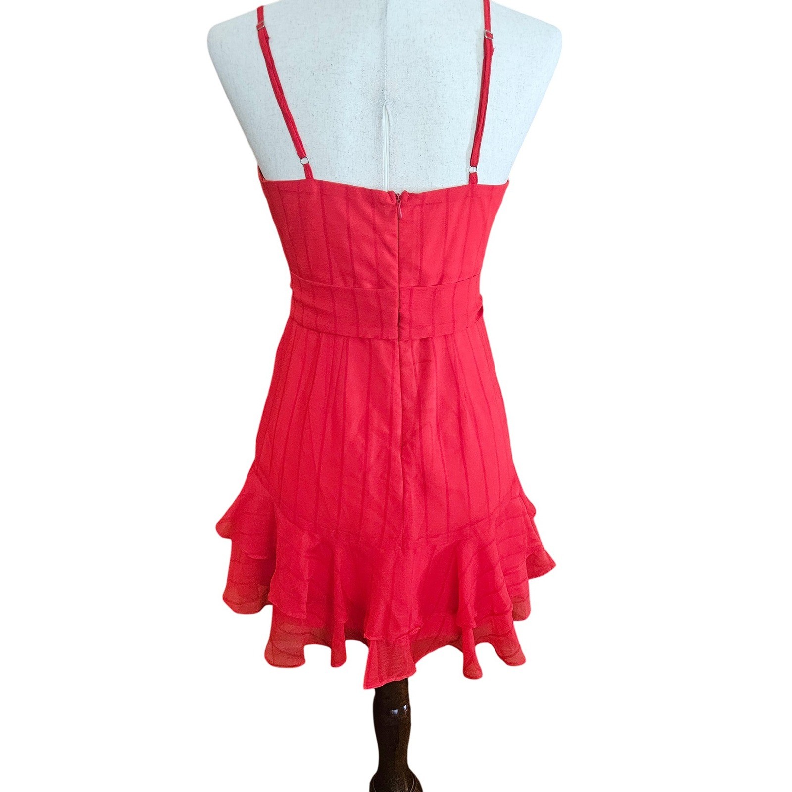 Saints + Secrets Red Ruffle Mini Dress Wrap V-Neck Tie Waist Striped Sleeveless