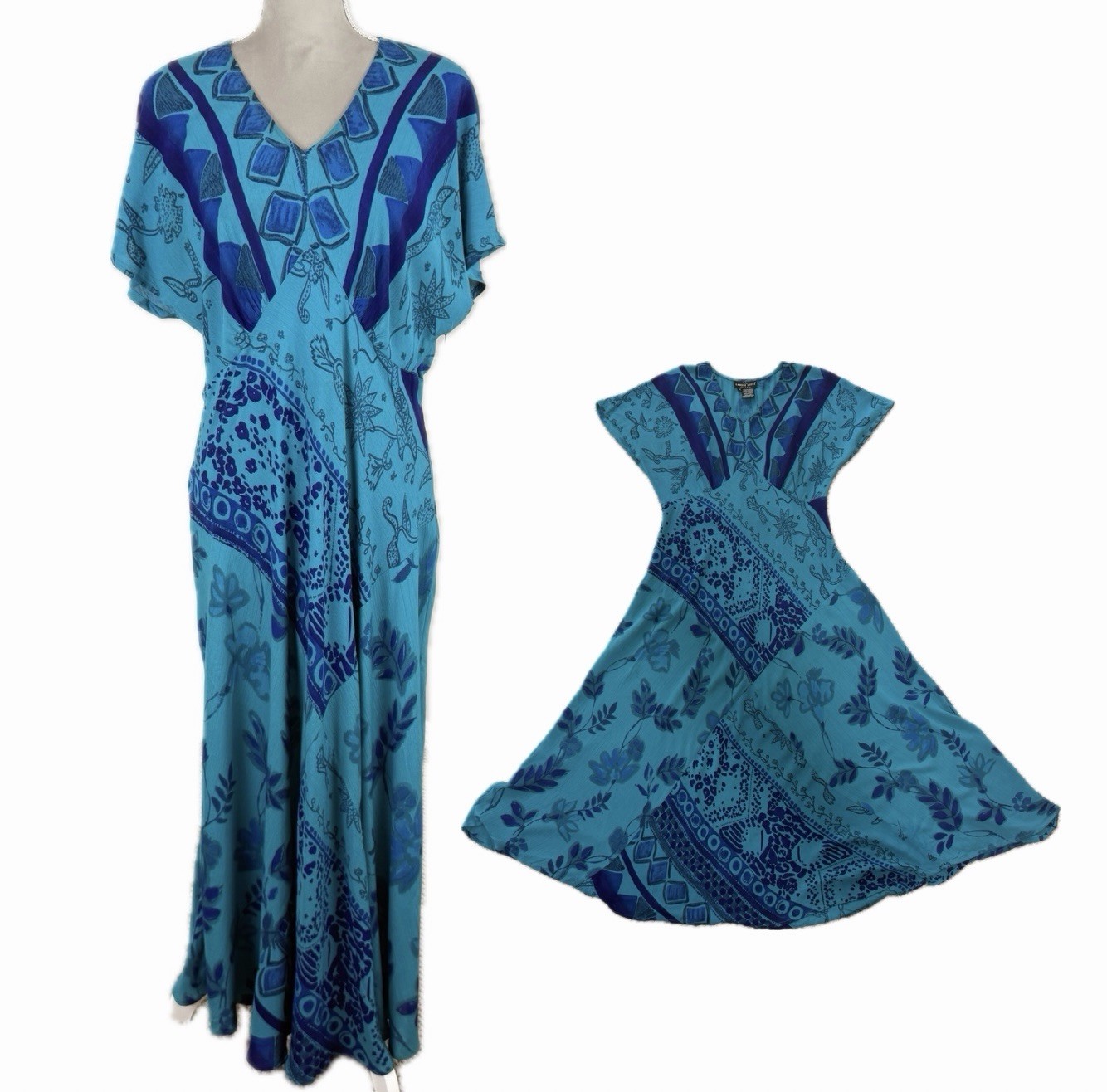 Vintage 90s Carole Little Blue Boho Maxi Dress Sz 14 Geometric Floral Rayon USA