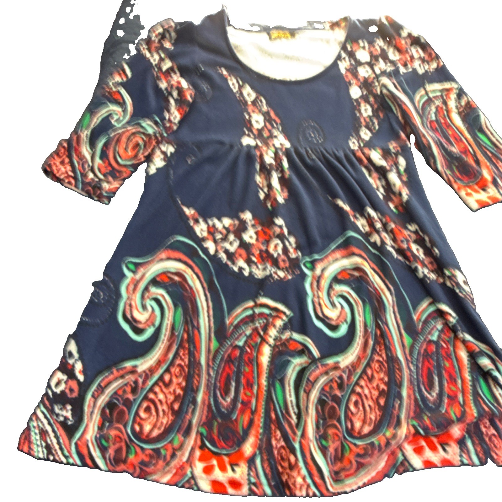 Reborn XL Navy Paisley Knit Fit & Flare Dress Pleated Scoop Neck 3/4 Sleeve knee