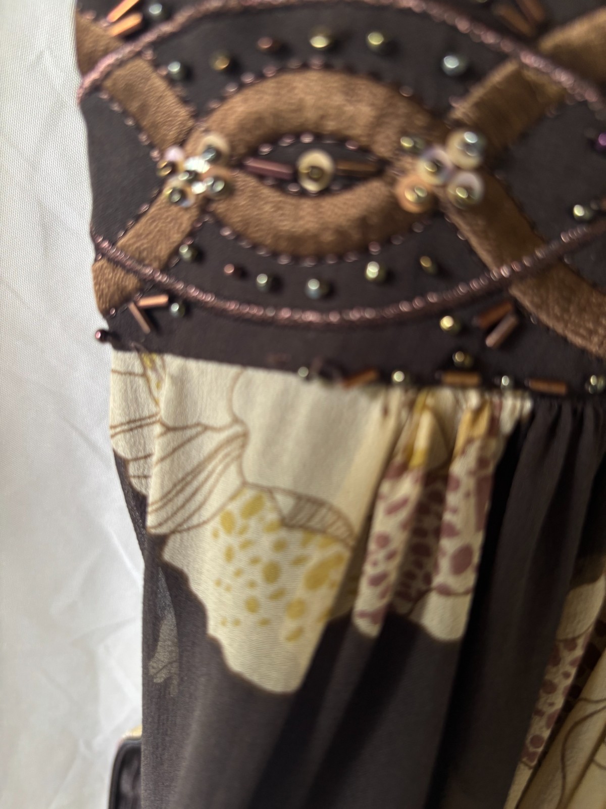 Adrianna Papell Dress Brown Print with Beading Detail Sleeveless Size 6