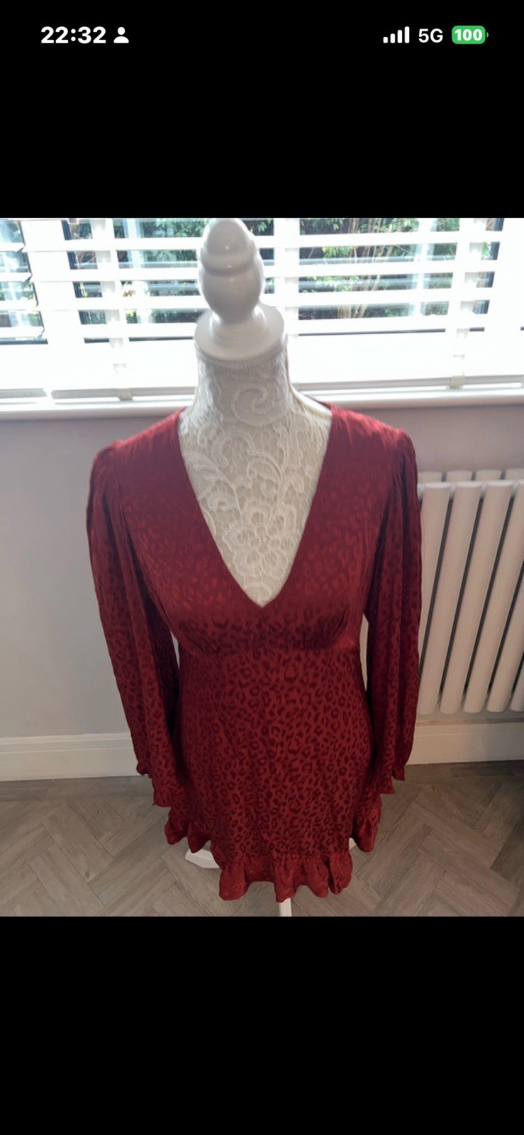 River Island Rust Long Sleeve Silky Mini Dress. Deep V. Size 10 Animal Design