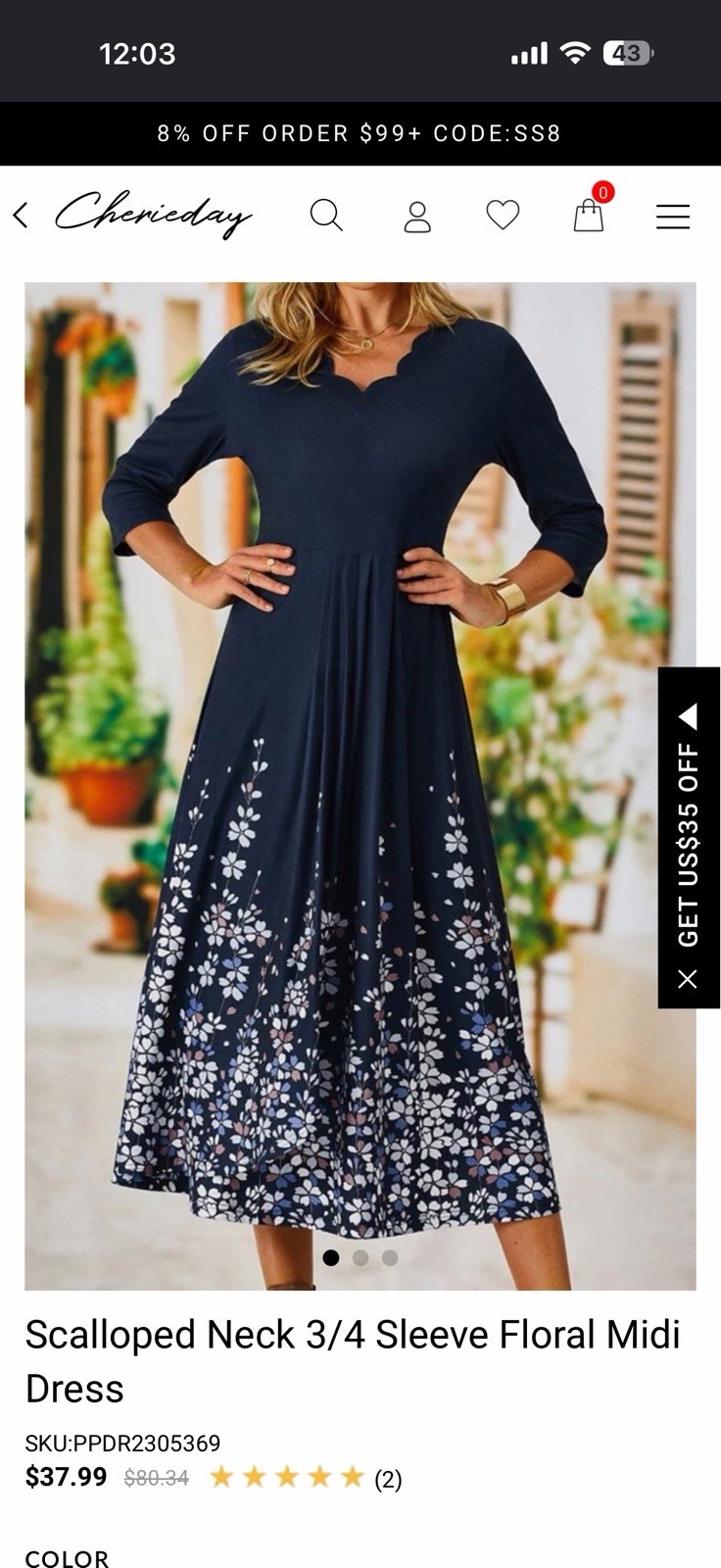 Cherieday Blue White Floral Midi Dress Scalloped Neck 3/4 Sleeve Size 2XL