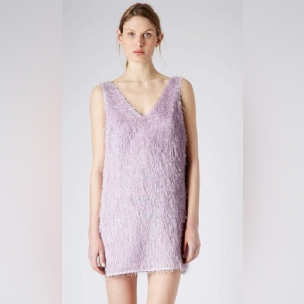 TOPSHOP Lilac Metallic Fuzzy Fringe Deep Plunging V-Back Mini Slip Dress Size 6