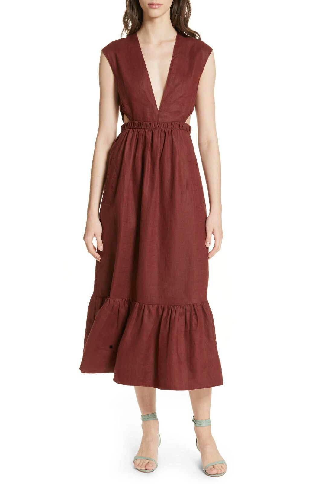TIBI Burgundy Cutout Waist Summer Linen Canvas Ruffle Hem Midi Maxi Dress 12 = L