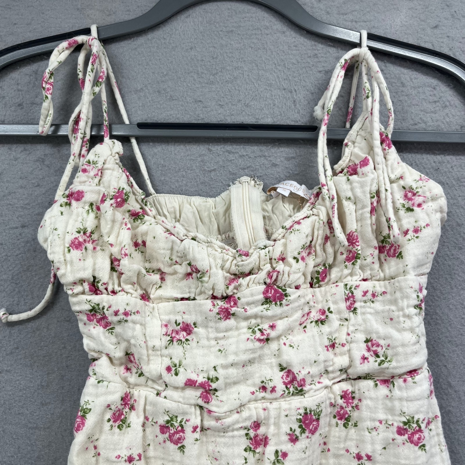 Olivaceous Dress Womens Small Cream Floral Mini Tie Strap Smocked Ruffle Cotton