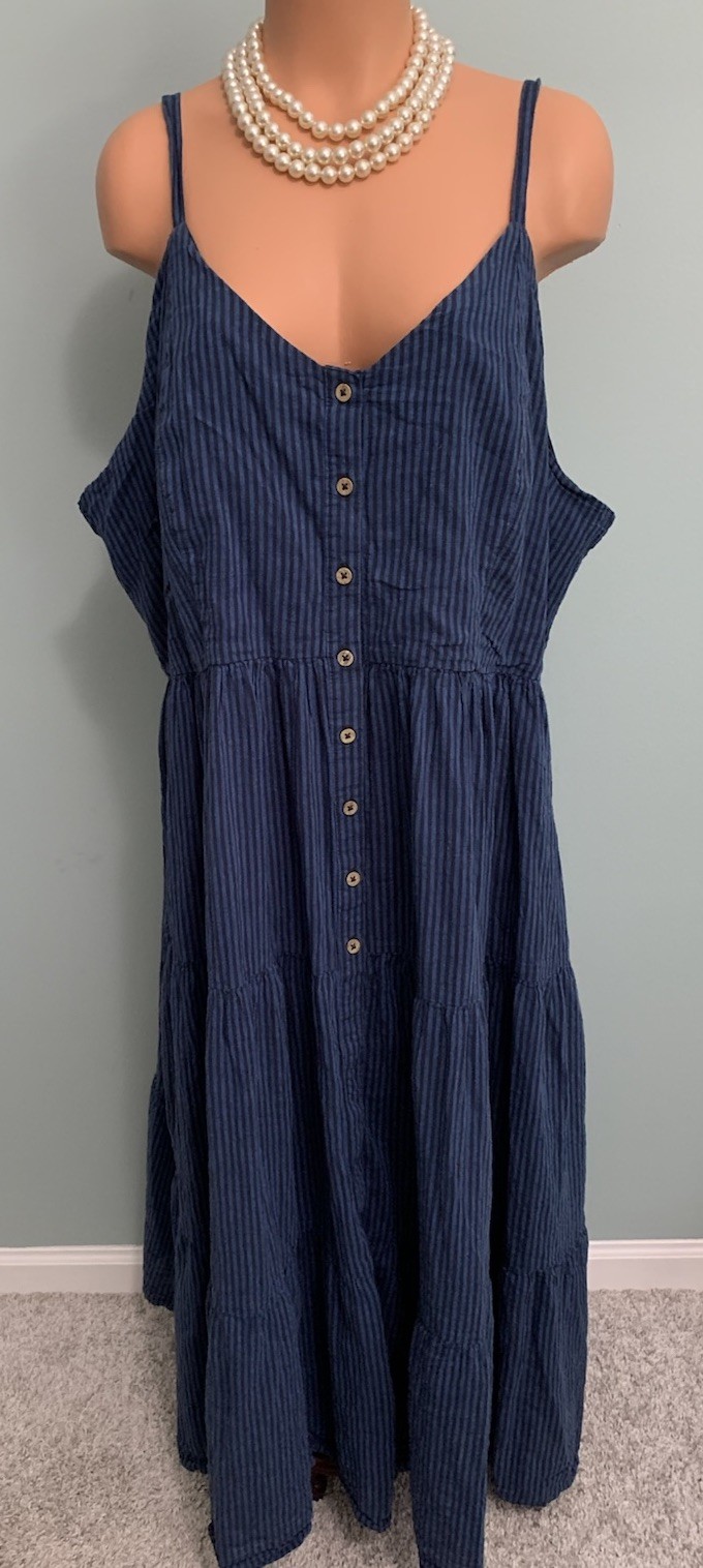 Vtg Falls Creek Linen Cotton Dress Blue Stripe Tiered Smocked Midi Womens 3X