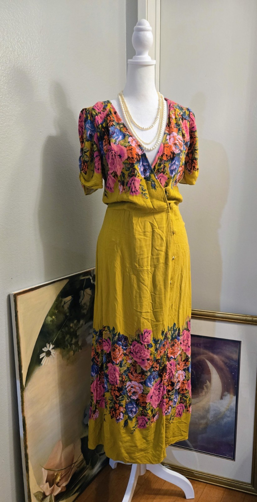 Free People Yellow Floral Midi Dress Size Small Boho V-Neck Button Front Rayon