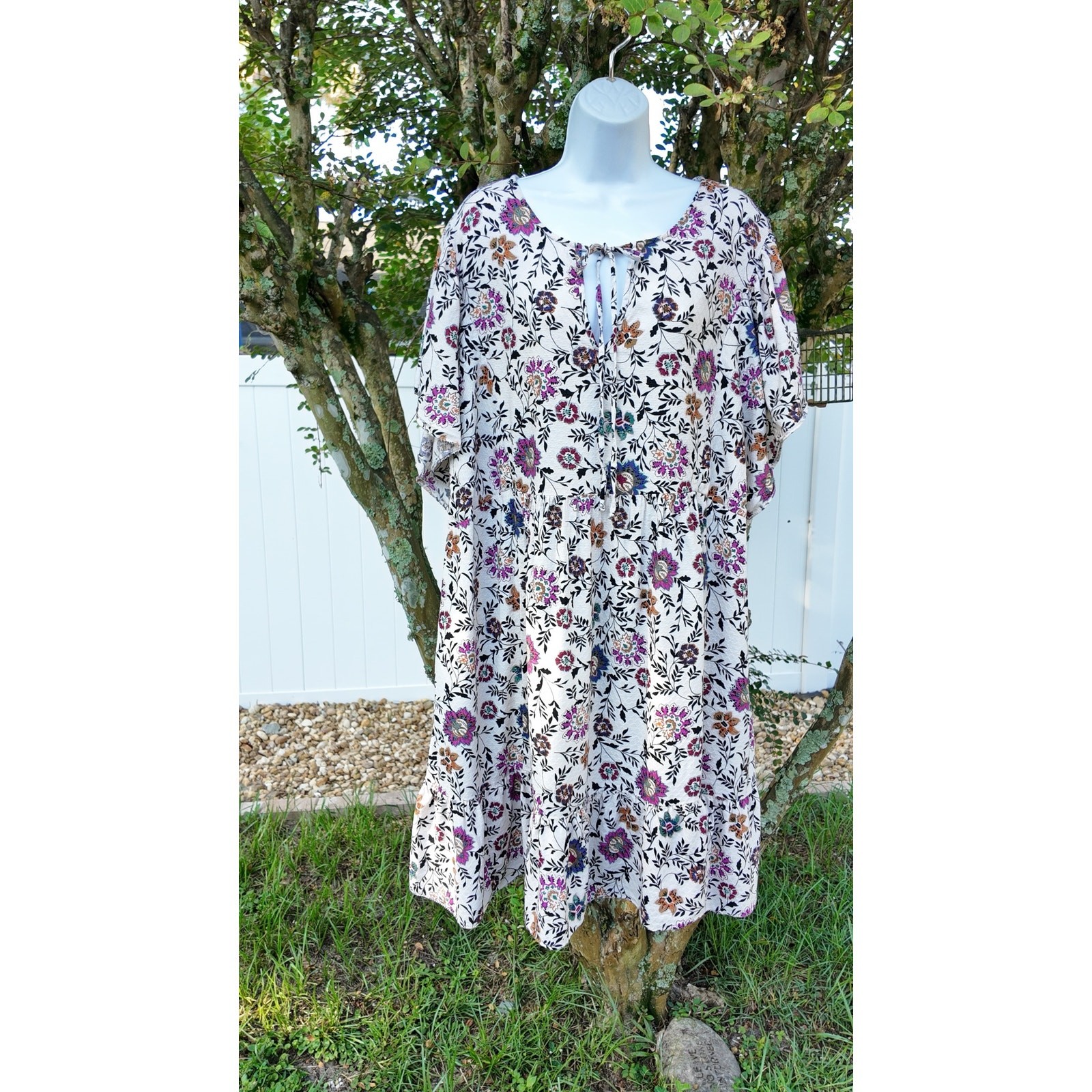 Knox Rose 2X Floral Boho Babydoll Dress Cotton Blend Tie Neck Flutter Sleeve