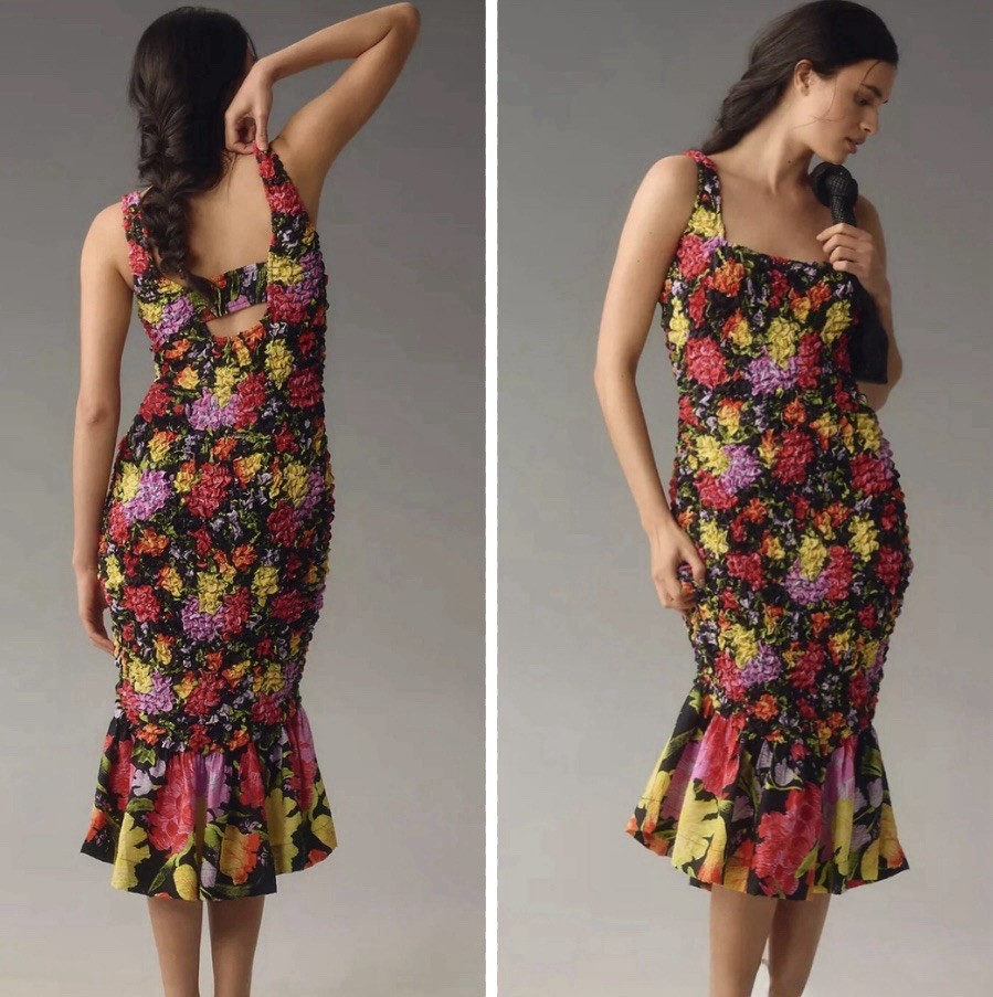 Anthropologie Pebble Smocked Dress M Midi Floral Yukiko Noritak Bodycon #190