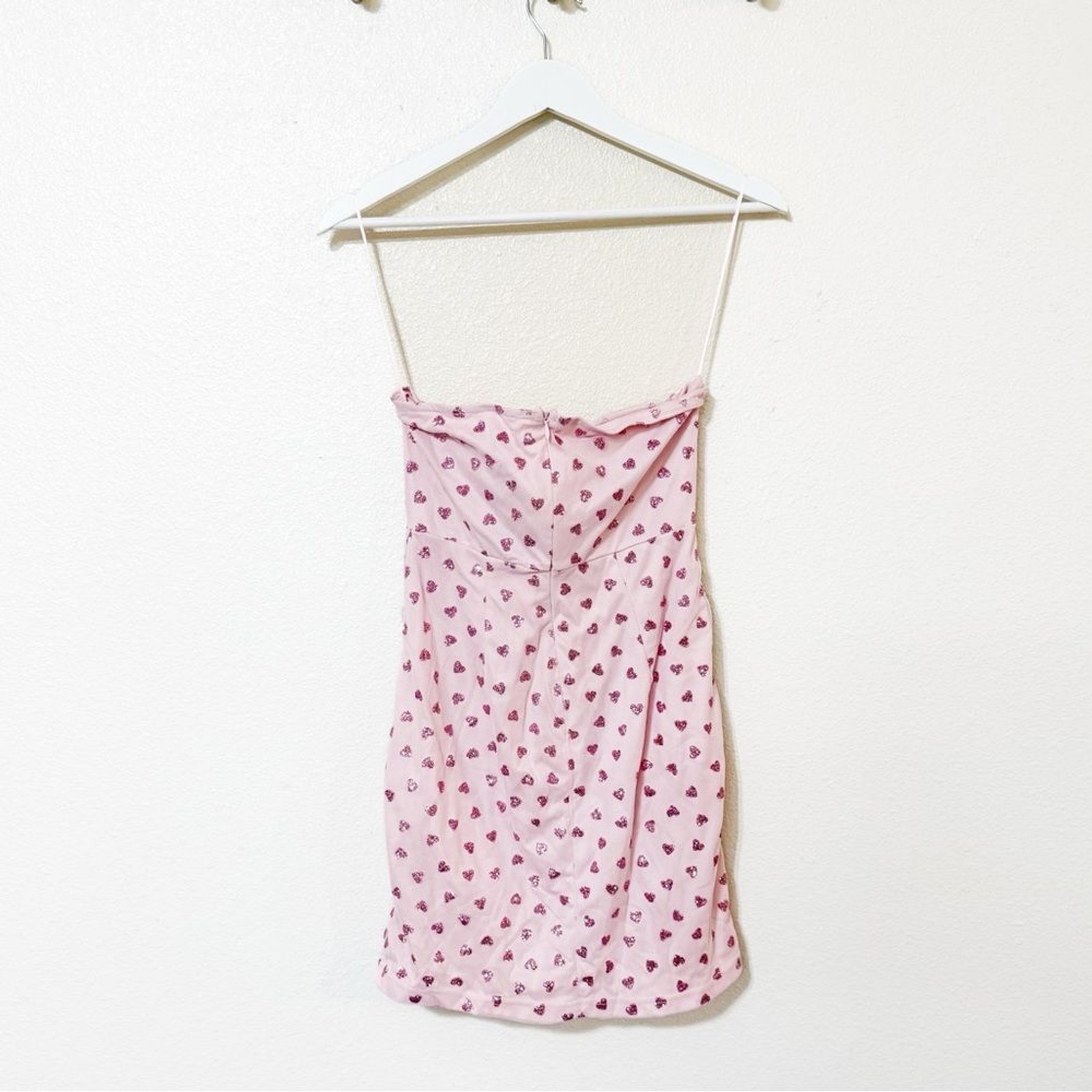 Superdown Fifi Mesh Mini Ruched Glitter Heart Print Dress Pink Strapless L NEW