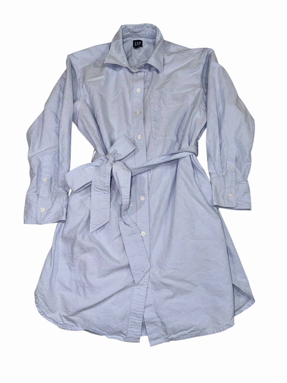 GAP Womens Shirt Dress Size S Petite Light Blue Button Down Long Sleeve Belted
