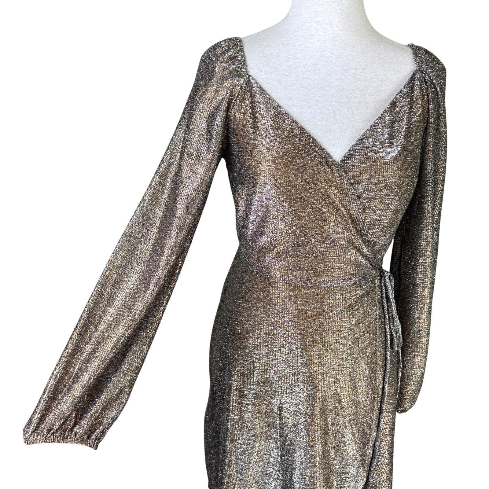 Chelsea28 S Glitter Sparkle Gold Silver Metallic Long Sleeve Mini Wrap Dress