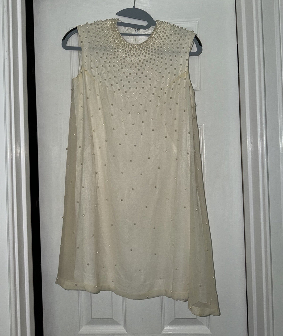 ~1960s Handmade Ivory Sleeveless Shift Dress with Beaded Round Neck
