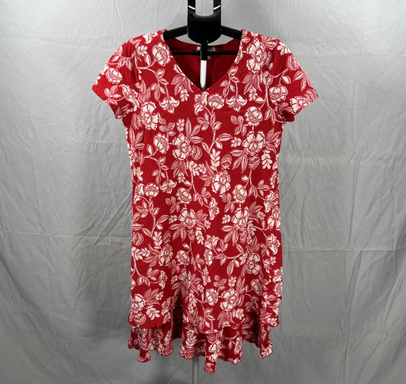 Coldwater Creek Womens Med Harmony Gauze Dress Floral Layered Red Cotton V-neck