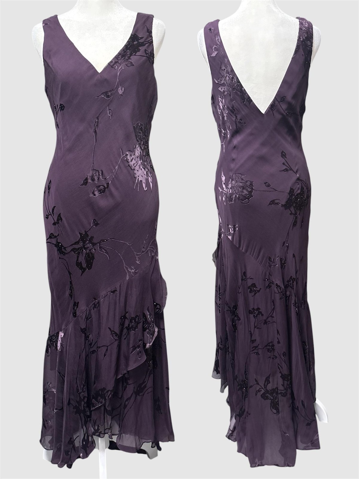 Vintage y2k Alex Evenings Dress 10 Purple Silk Floral Asymmetrical Gown Whimsi