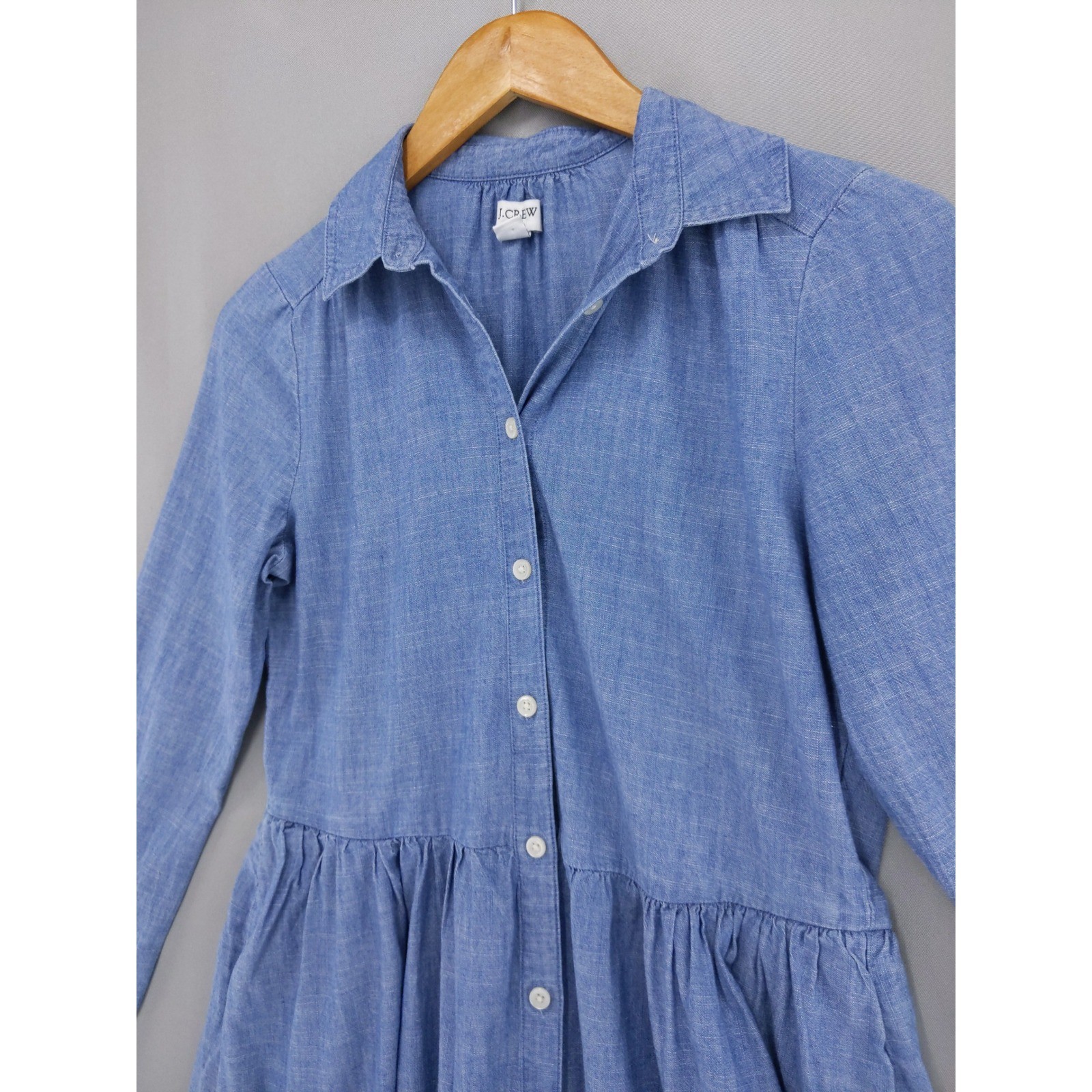 J.Crew Shirtdress Women 0 Blue Chambray Long Sleeve Gathered Waist Pockets