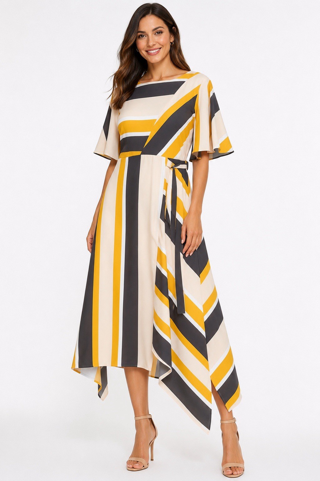 Luxology Yellow Gray Stripe Asymmetrical Maxi Dress L Flutter Sleeve Belted