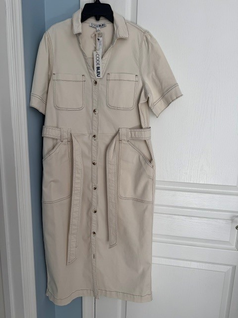 NWT Code Bleu Women’s Whitecap Grey Denim Short Sleeve Belted Midi Dress Sz L
