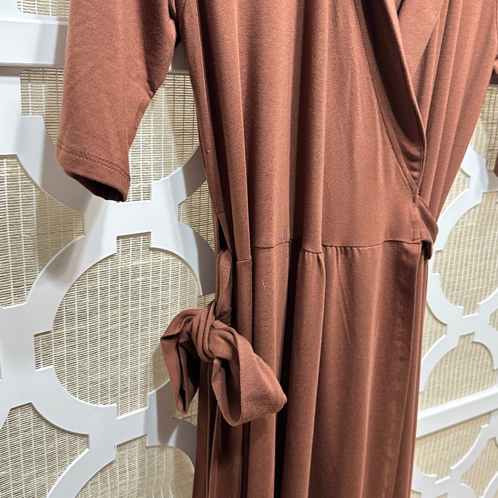 Quince Tencel Jersey Midi Wrap Dress Womens Large Brown Short Sleeve Euro Summer