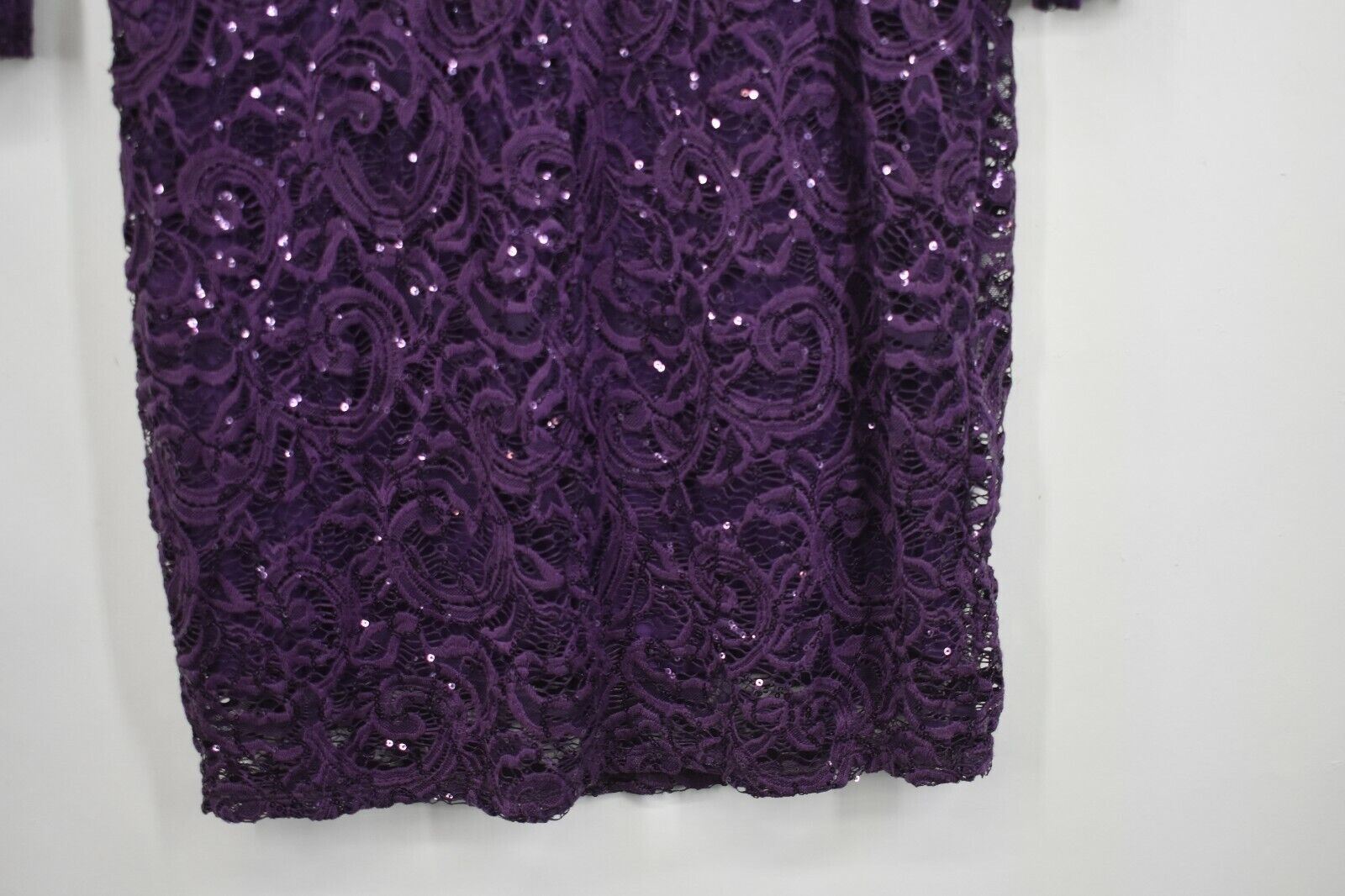 Marina Womens Purple Jewel Neck U Back Sequin Lace Long Sleeve Sheath Dress 8