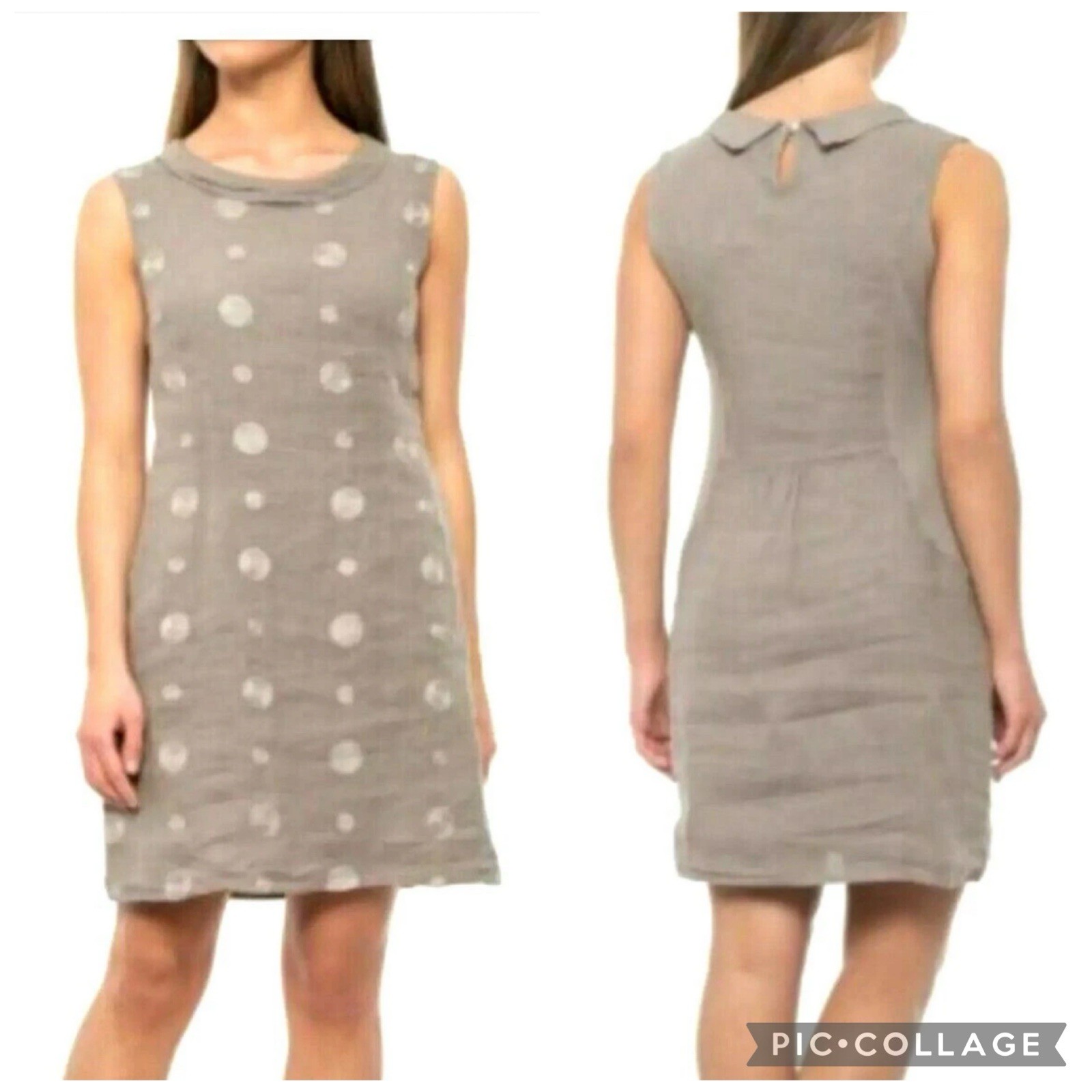 LINA TOMEI Made in Italy Mini Dress Large 100%Linen Embroidered Taupe Lagenlook